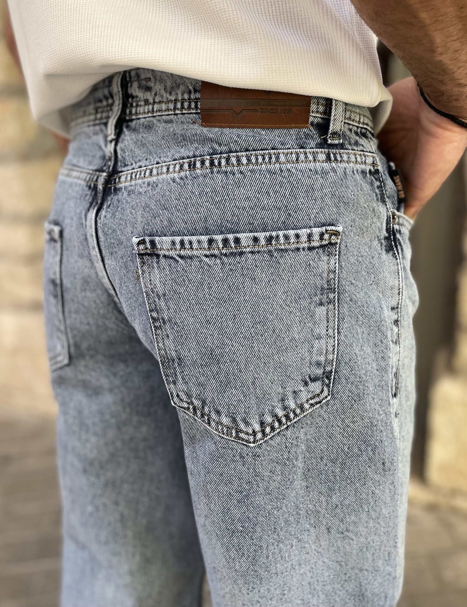 Ανδρικό μπλε πλυμένο Loose τζιν ελαστικό πεντάτσεπο με φερμουάρ G81087 φωτογραφία